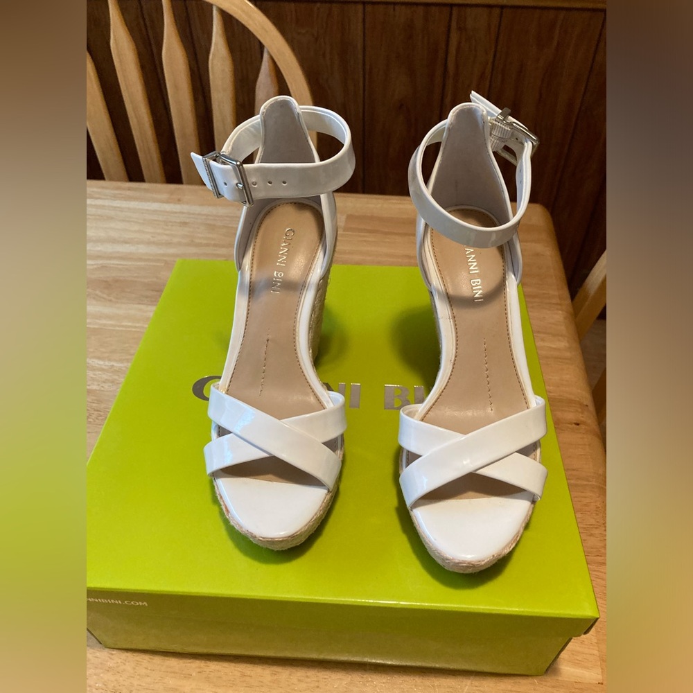 Gianni Bini White Patent Leather Wedge Sandals